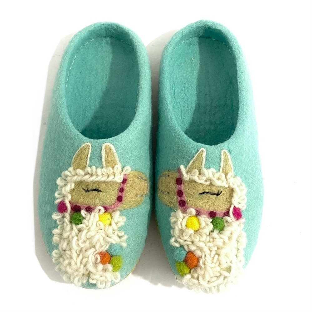 French Knot Wool Felt Embroidered Llama Slippers Size Large 9 - Picture 3 of 13